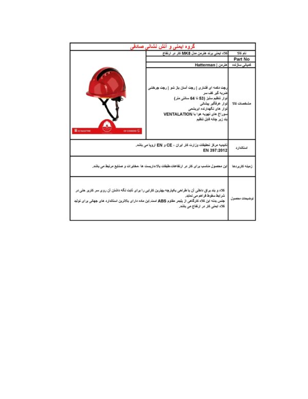 کلاه ایمنی برند هترمن | HATTERMAN مدل MK8 (کار در ارتفاع)